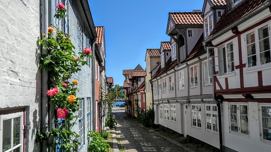 A beautiful view of the identical houses in Oluf-Samson-Gang street in Flensburg, Germany