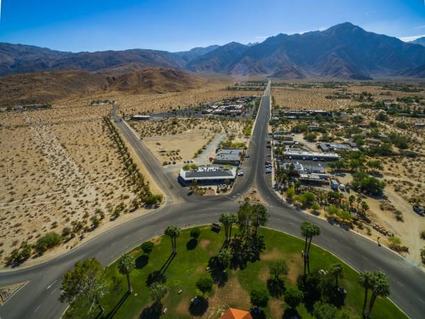 Drone shot of the Borrego Springs desert village and the Christmas Circle Community Park A drone shot of the Borrego Springs desert village and the Christmas Circle Community Park borrego springs photos stock pictures, royalty-free photos & images