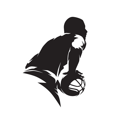Basketball player with ball, isolated vector silhouette, basketball logo