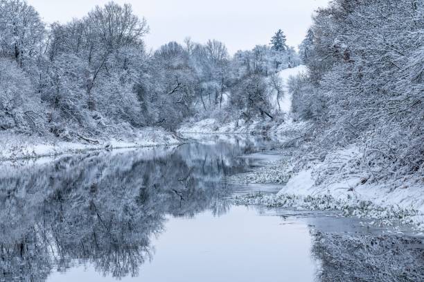 istock Frozen lake in a snowy white forest in Lithuania 1459565721