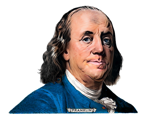 Benjamin Franklin cut on new 100 dollars banknote isolated on white background