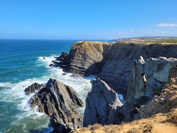 istock Aerial view of rugged steep cliffs overlooking the sea under blue sky 1459567883