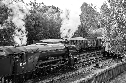 Swan, United Kingdom – October 24, 2022: A grayscale shot of the Flying Scotsman train waiting on the railways in Swan, United Kingdom