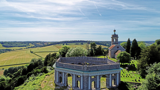 Aerial view of The Dashwood Mausoleum, built by Sir Francis Dashwood, on West Wycombe Hill, West Wycombe, Buckinghamshire, United Kingdom. 24th of June 2018