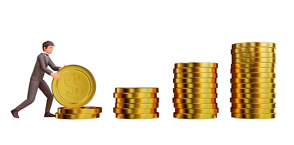A 3d rendering of a proud businessman rolling a coin to the existing pile