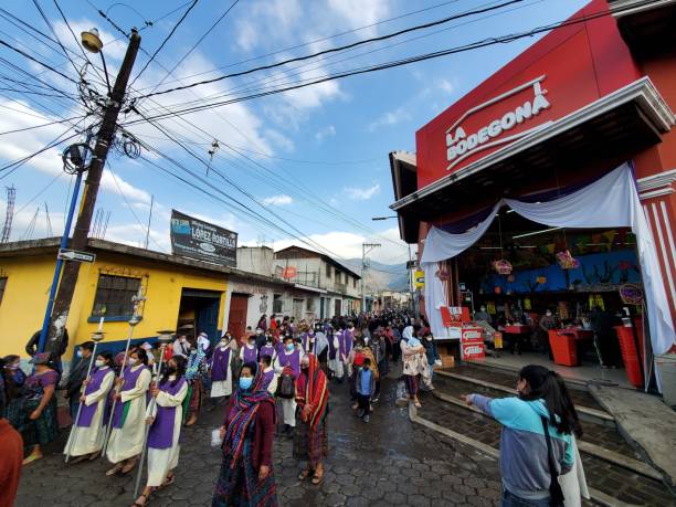 holy week procession in rural mayan kaqchikel village - guatemala antigua central america color image imagens e fotografias de stock