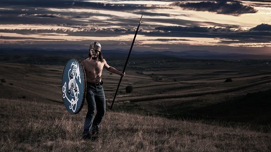 A man with a shield, helmet and sword in a field during mystic sunset