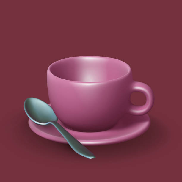 istock 3D realistic ceramic cup with saucer and spoon on purple background. Empty pink porcelain cup for tea, coffee or other hot drink. Mockup of mug on plate for restaurant and cafe. 1459572768