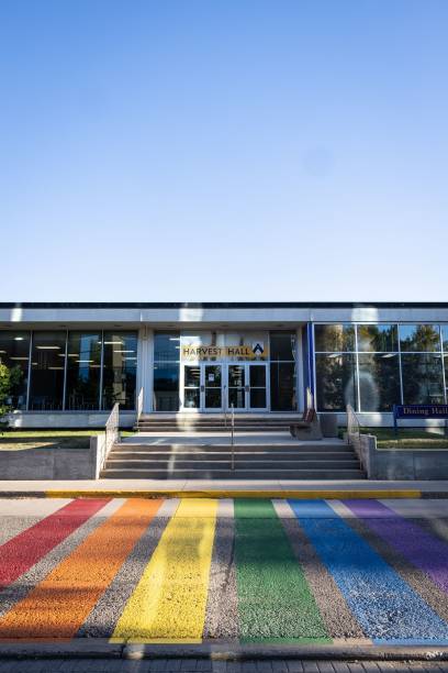 pionowe ujęcie przejścia dla pieszych rainbow pride na uniwersytecie brandon. manitoba, kanada. - university of manitoba zdjęcia i obrazy z banku zdjęć