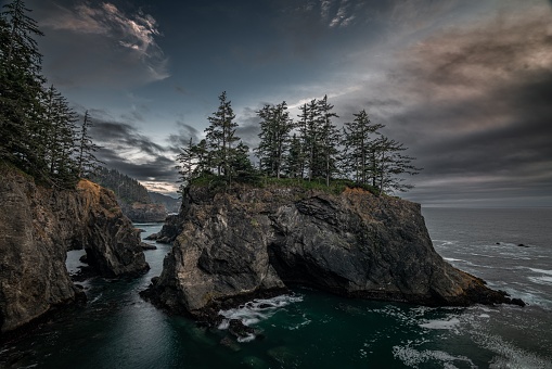The cliffs with trees on a cloudy day. Samuel H. Boardman State Scenic Corridor, Oregon, USA.