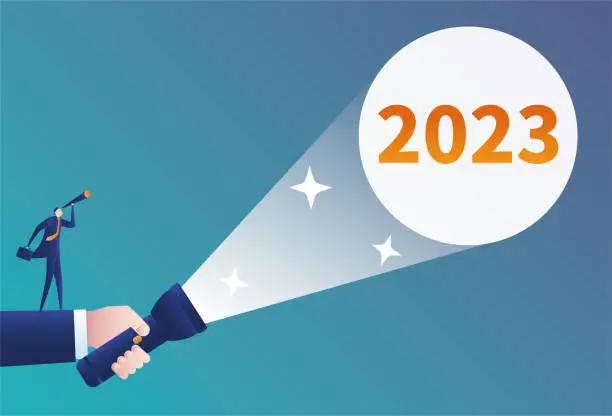 Vector illustration of Business men use telescope to look at 2023, flashlight and 2023