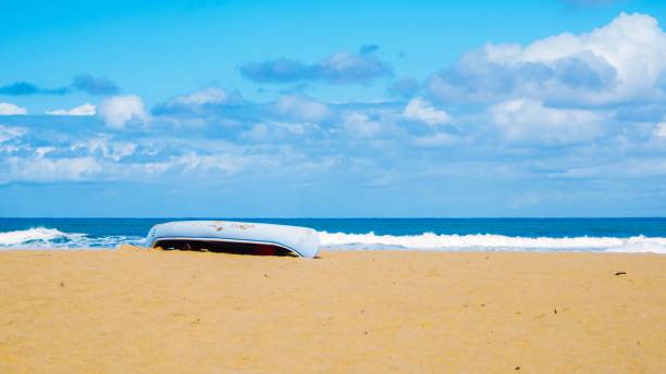 istock Scenic sandy beach with a lonely boat left on seashore 1459573636