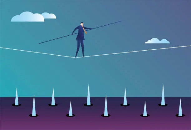 Vector illustration of Business man walking on barbed wire rope