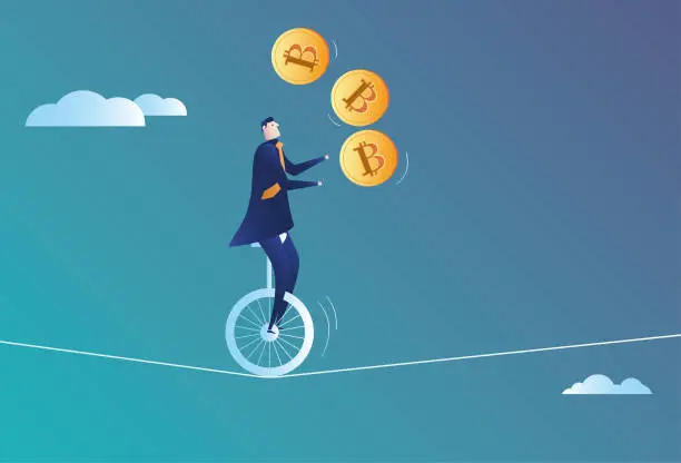 Vector illustration of Business man performing acrobatics with bitcoins on a wire rope