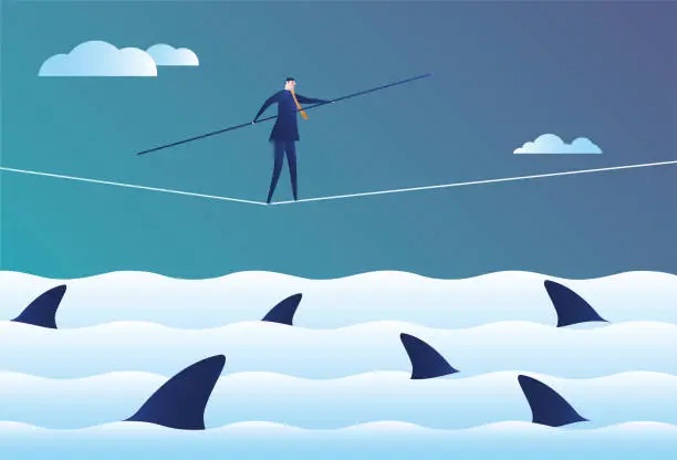 Vector illustration of Business man walking on a wire rope with a shark