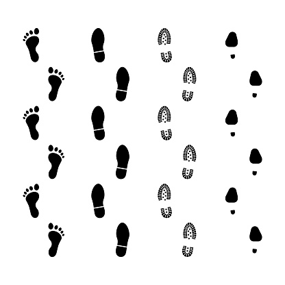 Human Footprints. Set of Footprints with bare feet, boots and womens shoes. Vector illustration