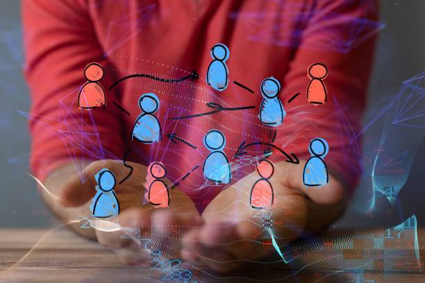 istock Hands holding virtual profile icons. Global network, communication. 1459576424