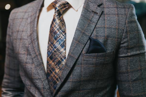 primer plano del torso de un hombre con traje de cuadros gris y camisa blanca con corbata de paisley a cuadros - handkerchief necktie fashion tuxedo fotografías e imágenes de stock