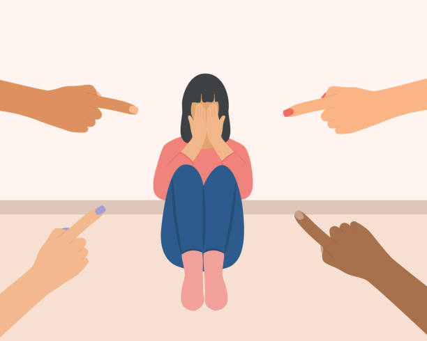 Depressed Woman Surrounded By Hands With Index Fingers Pointing At Her. Sad Woman Covering Her Face With Her Hands. Victim Blaming And Social Judgement Concept Depressed Woman Surrounded By Hands With Index Fingers Pointing At Her. Sad Woman Covering Her Face With Her Hands. Victim Blaming And Social Judgement Concept humiliate stock illustrations