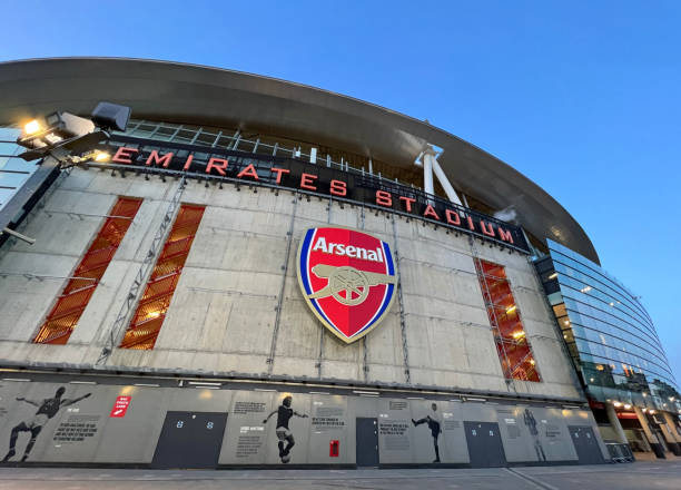 London, UK - Emirates Stadium (Arsenal Stadium for UEFA competitions), the home football stadium of Arsenal Football Club in Premier League, located in Holloway London - January, 2023 - Emirates Stadium (Arsenal Stadium for UEFA competitions), the home football stadium of Arsenal Football Club in Premier League, located in Holloway london memorabilia stock pictures, royalty-free photos & images