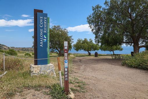 Rancho Palos Verdes, United States – April 12, 2022: Signage for a hiking trail at Abalone Cove Shoreline Park in Southern California.