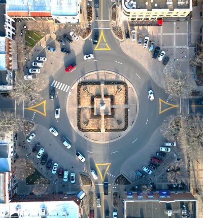 A vertical drone shot of the square in Franklin Downtown in Tennessee, USA
