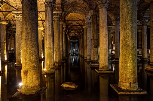 The interior of ancient Basilica Cistern in Istanbul, Turkey