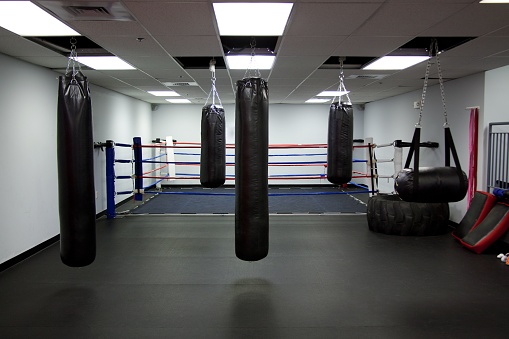 A training room which includes gym, punching bags, and a boxing ring