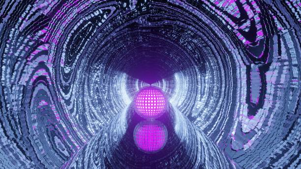 istock Abstract illustration of a fragmented psychedelic tunnel with pink glowing mesh sphere 1459584207