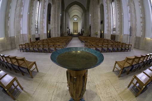 Guildford, United Kingdom – April 04, 2018: A wide angle view of the font in Guildford Cathedral