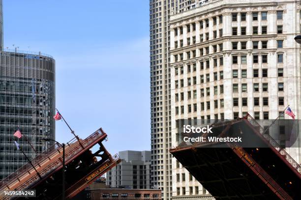 Opening Dusable Bridge In Michigan Avenue Chicago Usa Divided Concept Stock Photo - Download Image Now