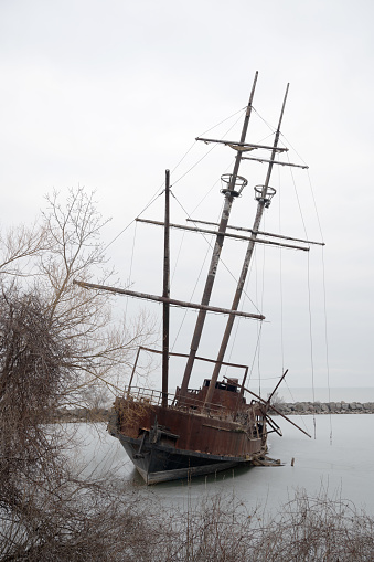 A vertical shot of the Grande Hermine (replica carrack), Lincoln Canada