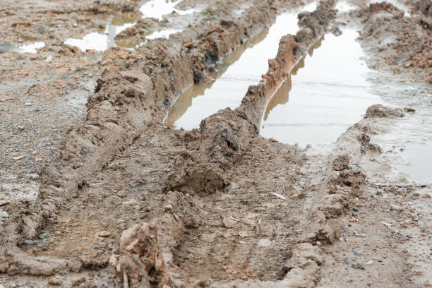 traçado de roda na estrada, poça e lama após a chuva. - mud road tire track footpath - fotografias e filmes do acervo