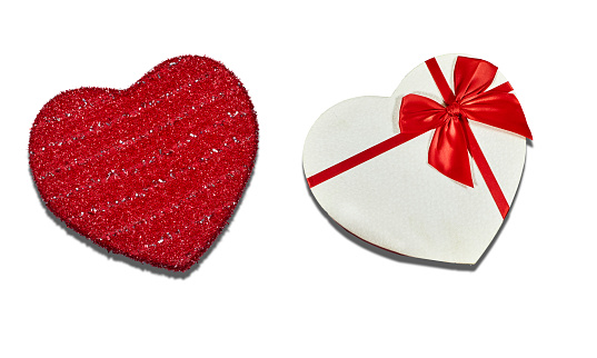 glitter and red ribbon heart boxes isolated on white background