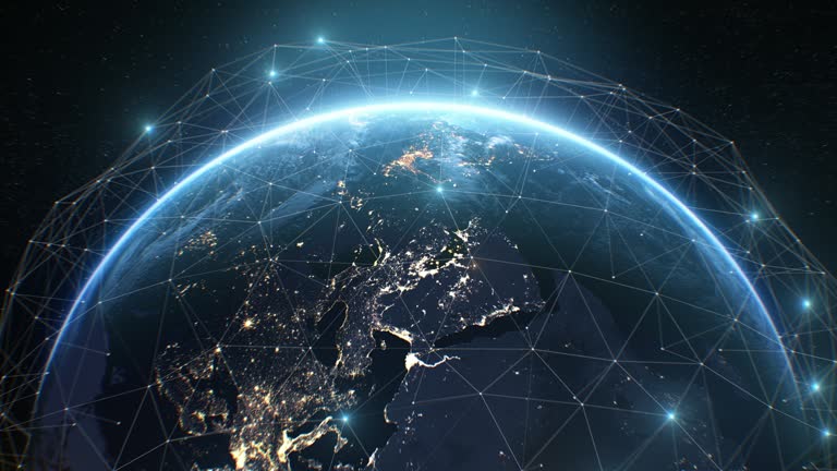 Digital Abstract Network Grid Over the Earth. Artificial Intelligence Neural Network Growing and Covering Planet Beautiful View from Space. Modern Business and Technology Concept