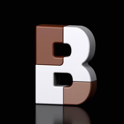 3d letter b plastic brown and white from alphabet isolated in a black background. Hi tech metallic font character design illustration, text minimal style, 3d rendering