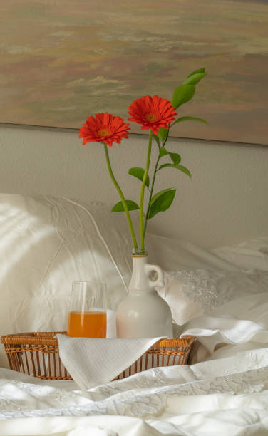istock Romantic breakfast in bed with flowers and juice 1459585583