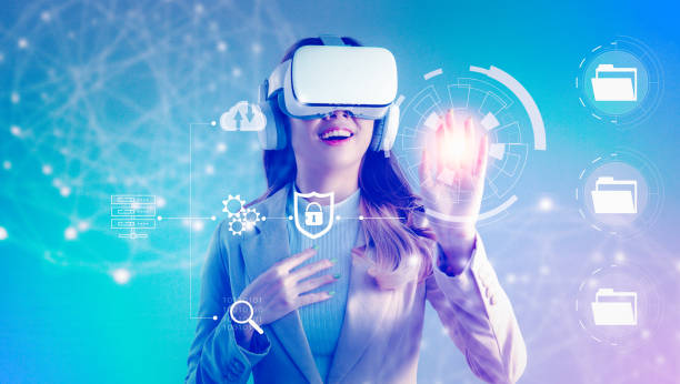 istock Asian businesswoman exploring virtual reality screen with VR headset to manage online data. Business, technology, internet iot and networking concept. 1459588450