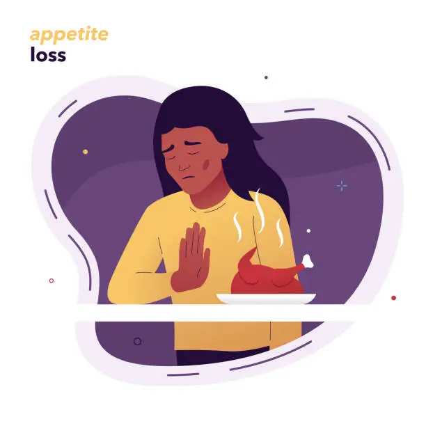 Vector illustration of The girl does not want to eat because of loss of appetite. Vector illustration of a girl who refuses to eat. The impact of stress on human health. Symptoms of viral diseases, psycho-emotional disorder