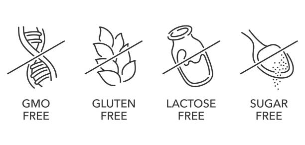 유당, 글루텐, gmo, 무설탕 얇은 픽토그램 - gluten gluten free stock illustrations