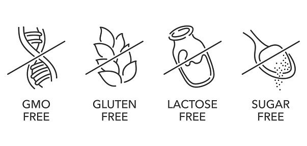 Lactose free pictograms in thin line. Sugar free, Gluten free, GMO free - set of food packaging decoration element for healthy natural organic nutrition