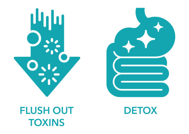Detox and Flush Out Toxins for food supplement Detox and Flush Out Toxins flat icons set - labeling of food supplement detox stock illustrations