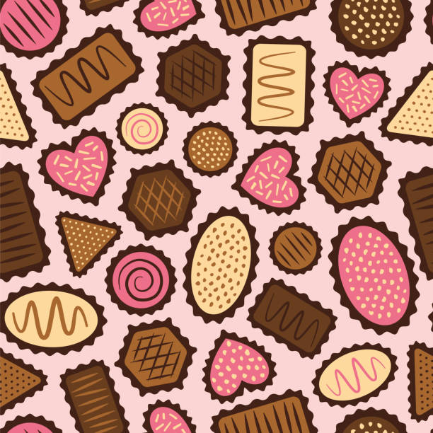bezszwowy wzór z czekoladowymi cukierkami. - heart shape pink background cartoon vector stock illustrations