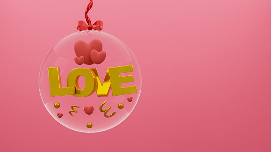 Valentine's Day. Transparent glass ball hanging on red ribbon, 3d text love on pink background. 3d rendering