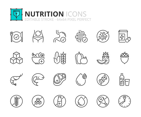 Line icons about nutrition. Contains such icons as healthy food, fat, protein, vegetables, fruit, carbohydrates, and sugar. Editable stroke Vector 64x64 pixel perfect