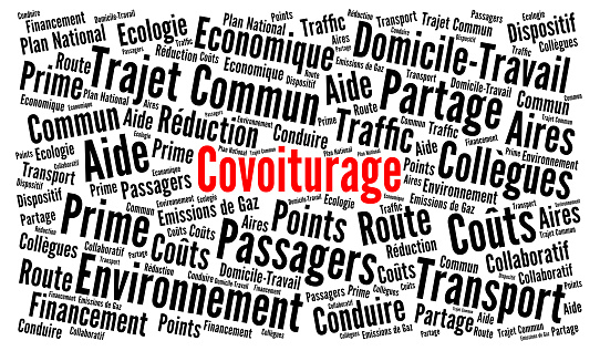 Carpooling word cloud concept called covoiturage in French language