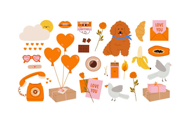 Valentine's Day elements set. Romantic objects. Valentine's Day elements set. Romantic objects. Sweets, gift box, balloons, rose, phone, dog, bird, love letter, matchbox. Concept of valentine's day, romance, gifts, love. mix tape heart stock illustrations