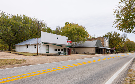 Canehill, Arkansas, USA - October 16, 2022: The old business district now museums on the State Highway 45