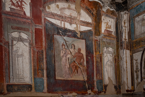 fresco in College of the Augustales, temple in Herculaneum, ancient roman town in Italy, destroyed by eruption of vulcano Vesuvius in AD 79