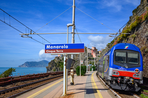 train at railway station of Manarola, Cinque Terre, Italy